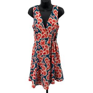 LA Soul Dress Womens S Blue Orange Floral Tie Wrap Sleeveless Fit & Flare Print